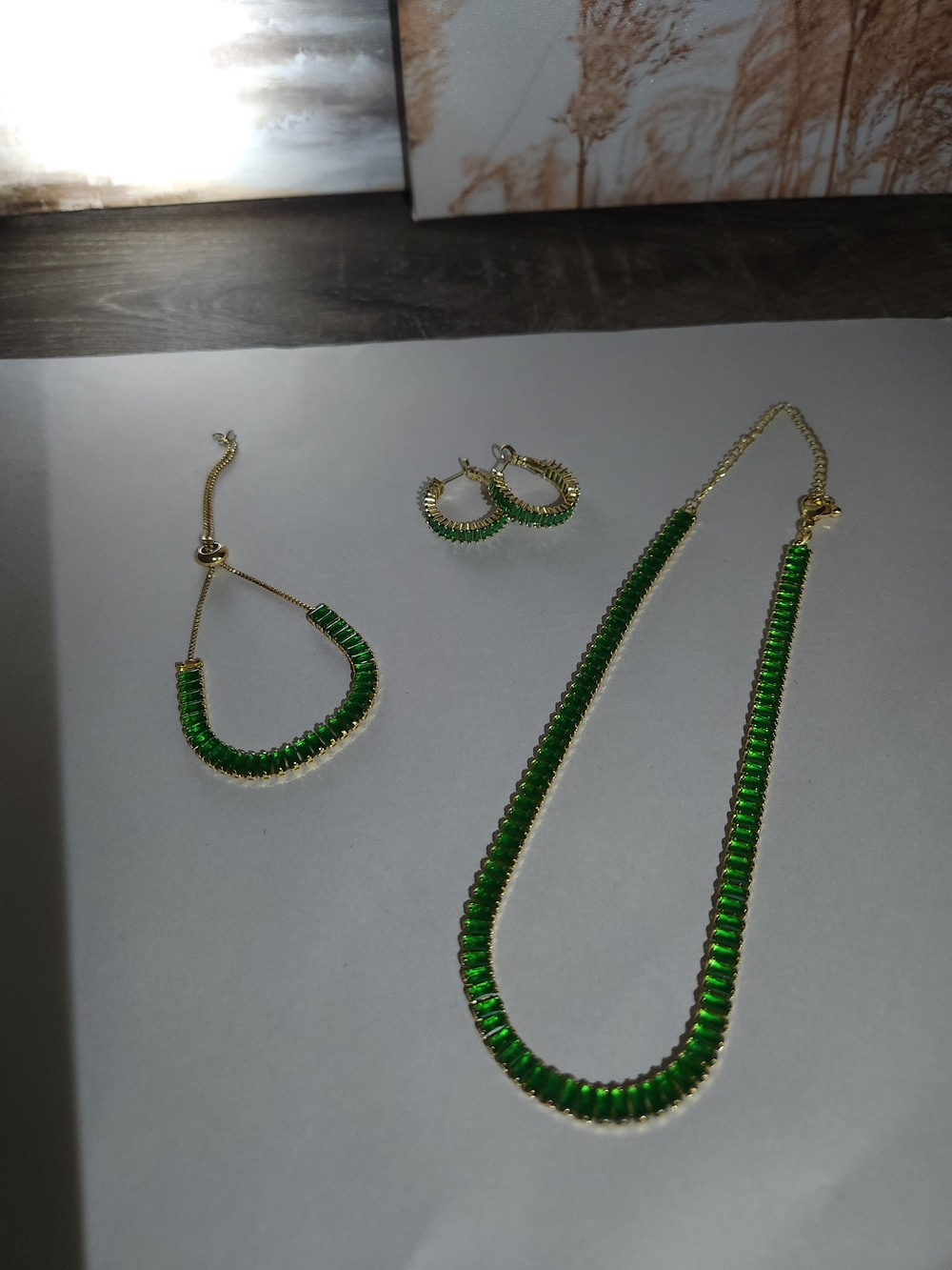 Gold-Tone Green Crystal Necklace, Bracelet & Hoop Earrings Set